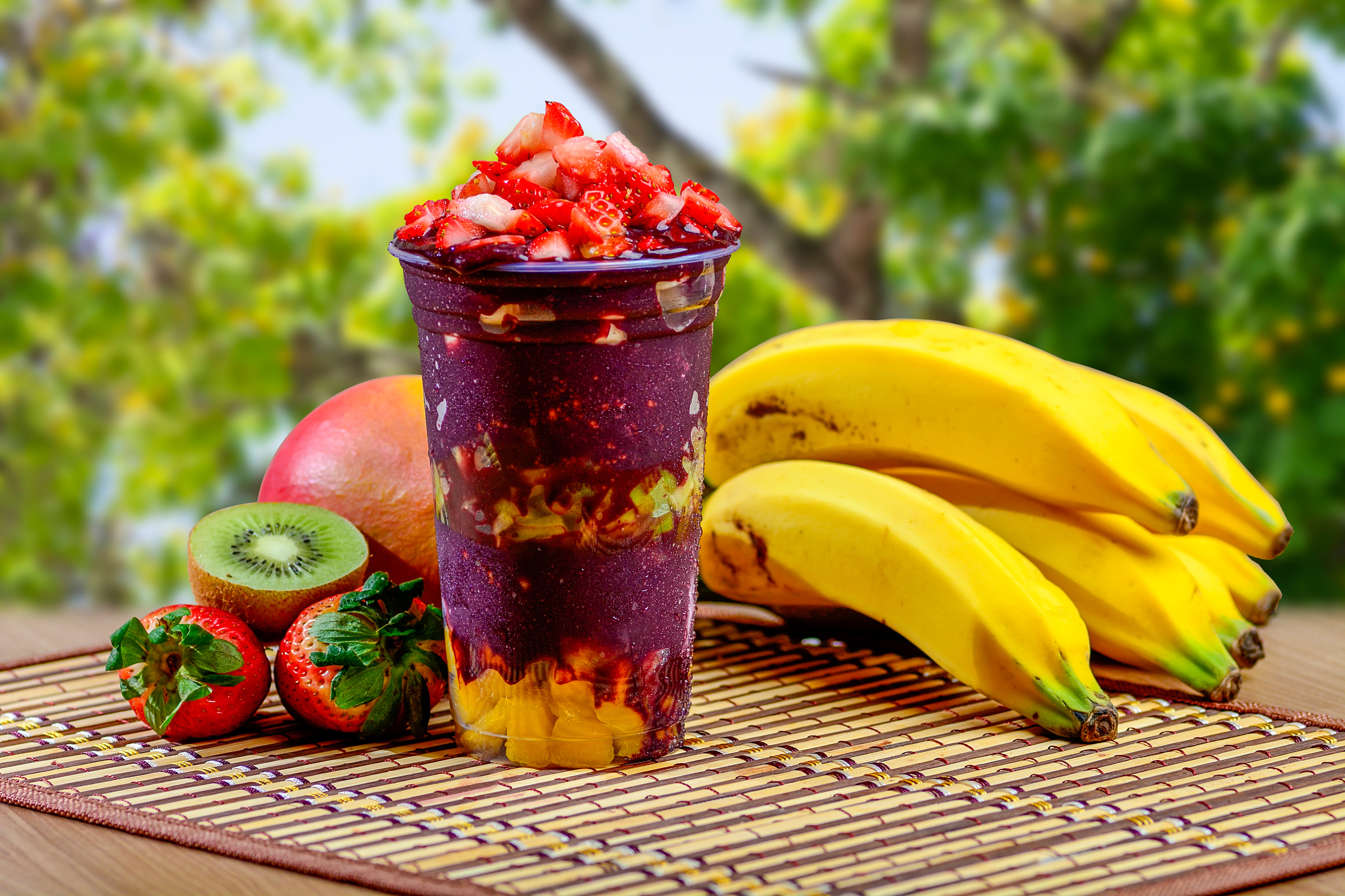 Acai Cup With Strawberry Topping Banana, Kiwi, Delicious Brazilian Açaí Creamy